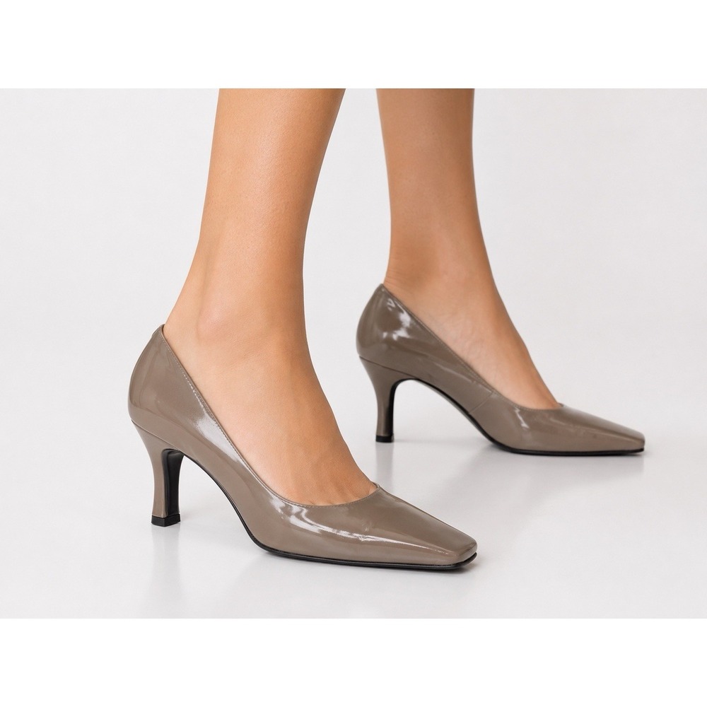 Anne Klein‎ Italy Taupe Patent Leather Pumps Square Toe Heels Womens 7M